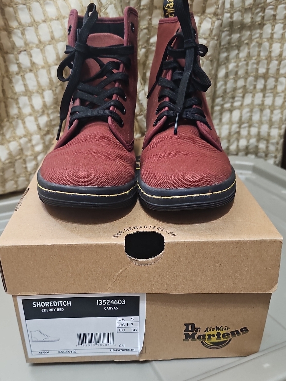 Dr. Martens Cherry Red Canvas Lace-Up Boots with Black Accents